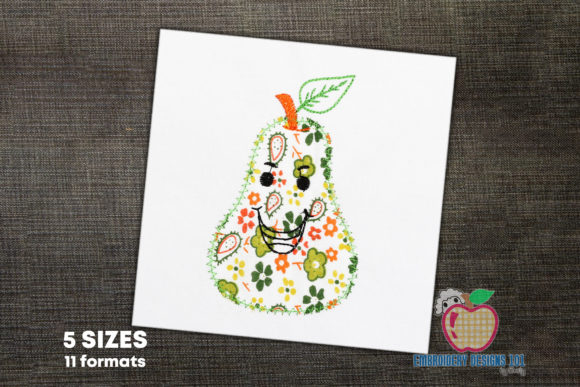 Cartoon Pear with Leaf Applique Embroidery Design